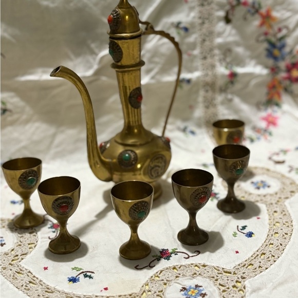 Vintage Brass Mini 8” Tea Set with Carafe and Cups - Picture 3 of 14